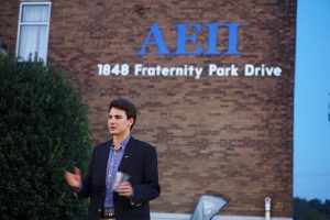 Brother Master Benji Ballin addressing brothers upon opening of new AEPi Tennessee house.